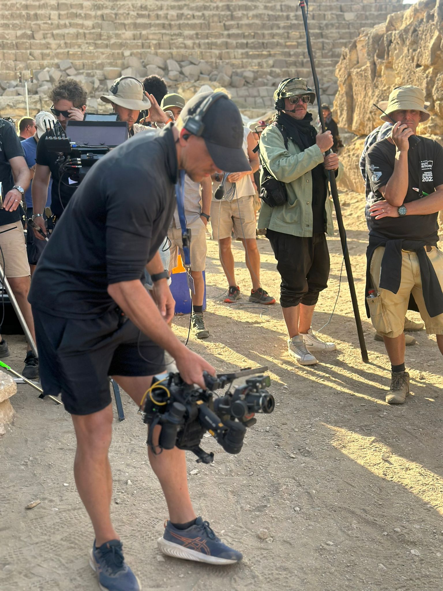 Adam Brashaw holding the camera rig on the set of Fountain of Youth.