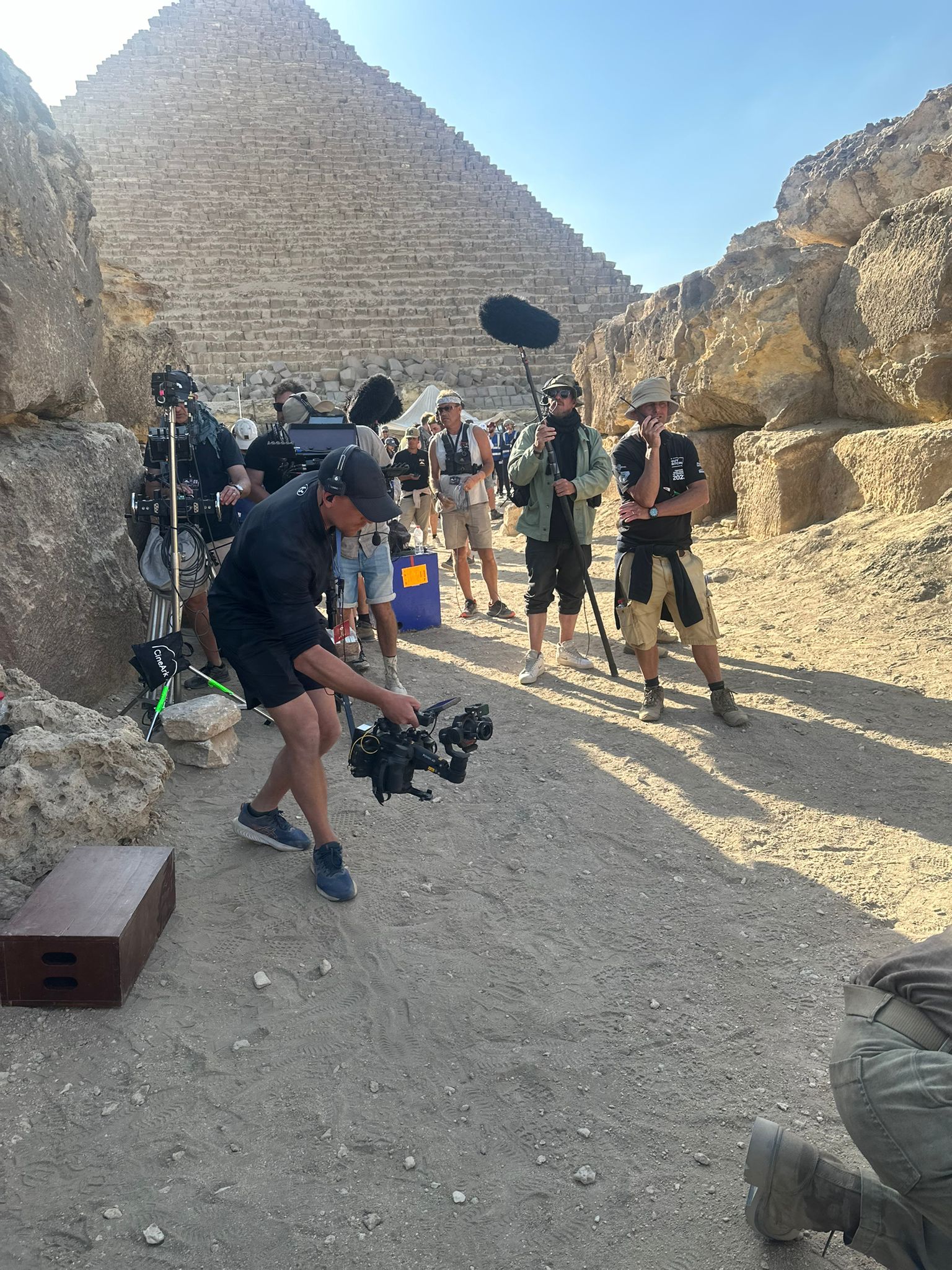 Adam Brashaw operating camera near the pyramids on Fountain of Youth, directed by Guy Ritchie.