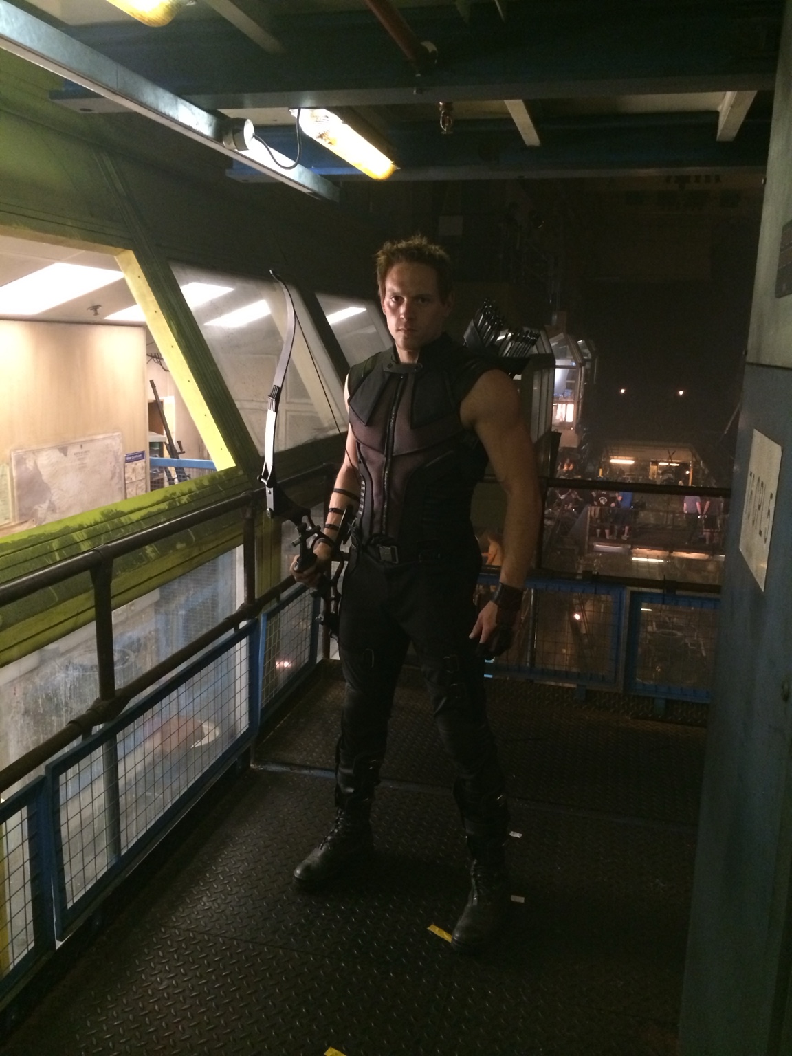 Adam Brashaw as Hawkeye, doubling Jeremy Renner in Avengers: Age of Ultron.